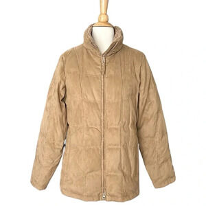 L.L. BEAN Goose Down Quilted Coat Faux Suede Tan Sherpa Collar Size Medium